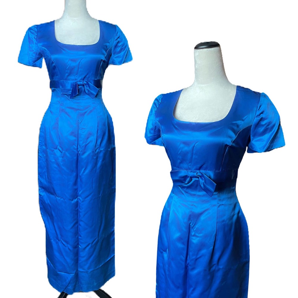 Vtg 1950s 60’s Royal Blue Satin Wiggle Dress Evening Dress Small
